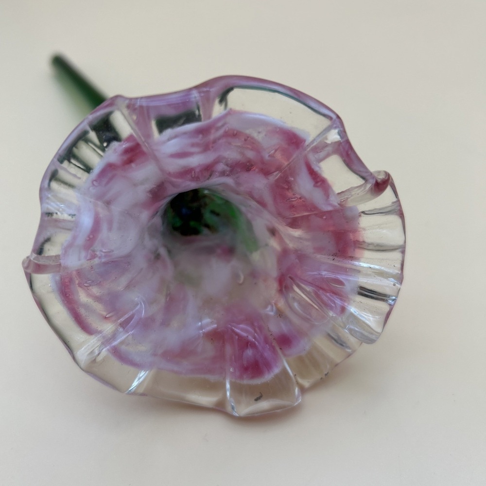 VTG Pink Bud Rose Hand Blown Murano-Style Art Glass Long Green Stem Tulip Flower - Picture 2 of 5